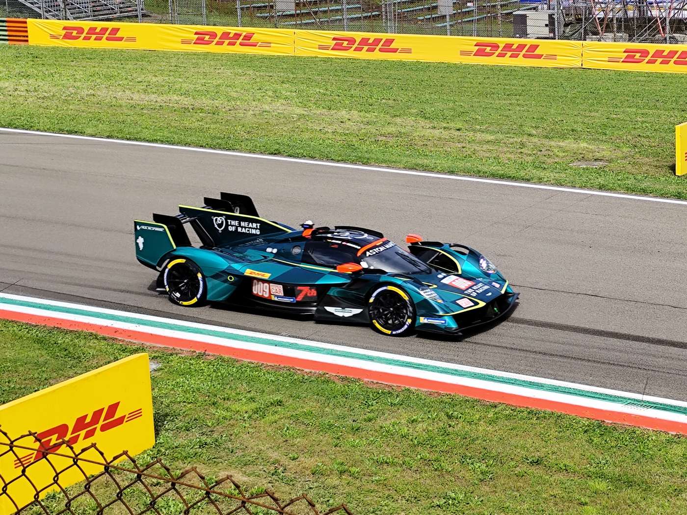 The Aston Martin Valkyrie Hypercar on track at the Imola circuit during the 2025 FIA WEC 6 Hours weekend